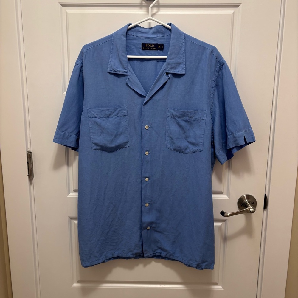 Polo Ralph Lauren Men’s short sleeve silk & linen ski blue shirt, XL